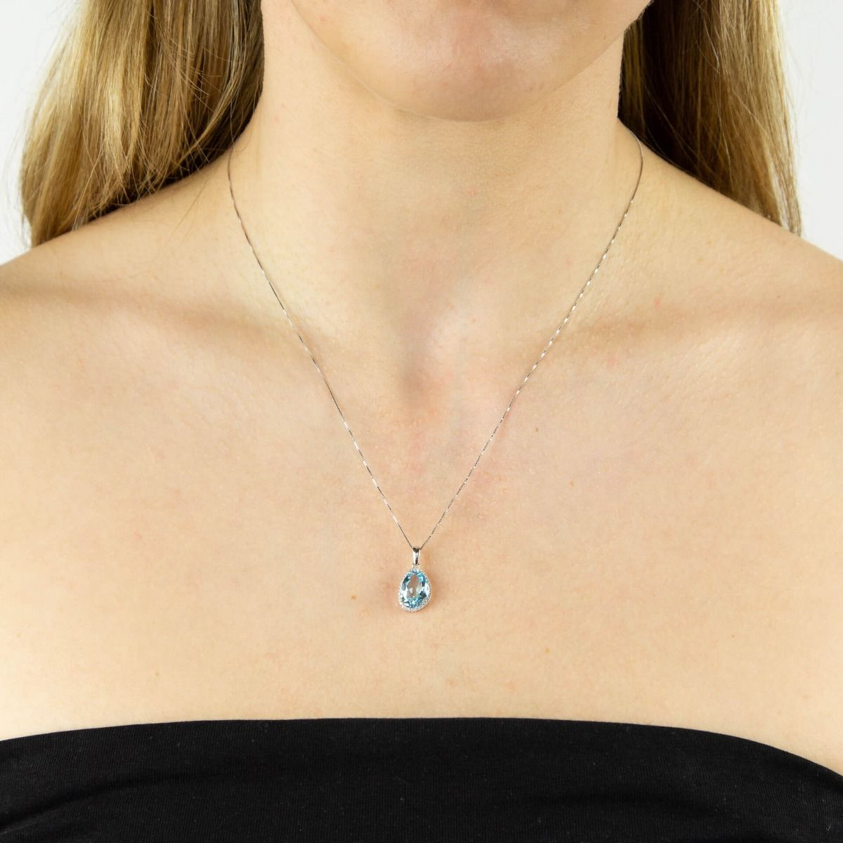 9ct White Gold Organic Blue Topaz & Diamond Halo Pendant