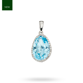 9ct White Gold Organic Blue Topaz & Diamond Halo Pendant