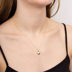 Model wears 9ct Yellow Gold Sun Medallion Pendant