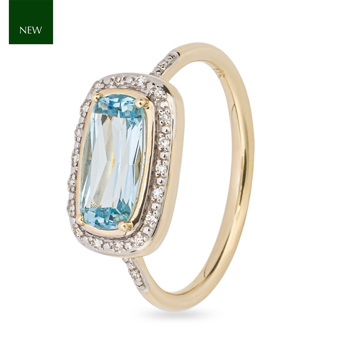 9ct Yellow Gold Elongated Blue Topaz & Diamond Halo Ring