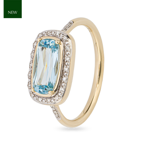 9ct Yellow Gold Elongated Blue Topaz & Diamond Halo Ring