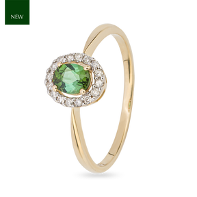 9ct Yellow Gold Green Tourmaline & Diamond Halo Ring