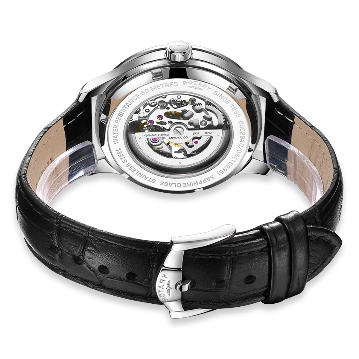 Rotary Greenwich Skeleton Automatic, Silver Dial with Black Leather Strap - GS02940/06