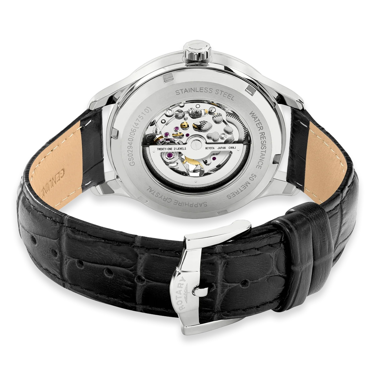 Rotary Greenwich Skeleton Automatic, Silver Dial with Black Leather Strap - GS02940/06