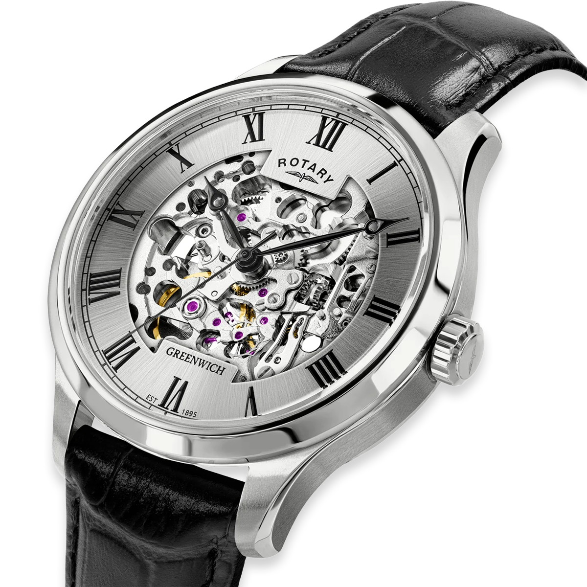 Rotary Greenwich Skeleton Automatic, Silver Dial with Black Leather Strap - GS02940/06