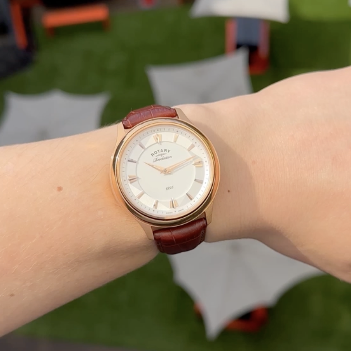 Model wears Rotary Revelation, Reversible White Dial with Brown Leather Strap - GS02967/06/10