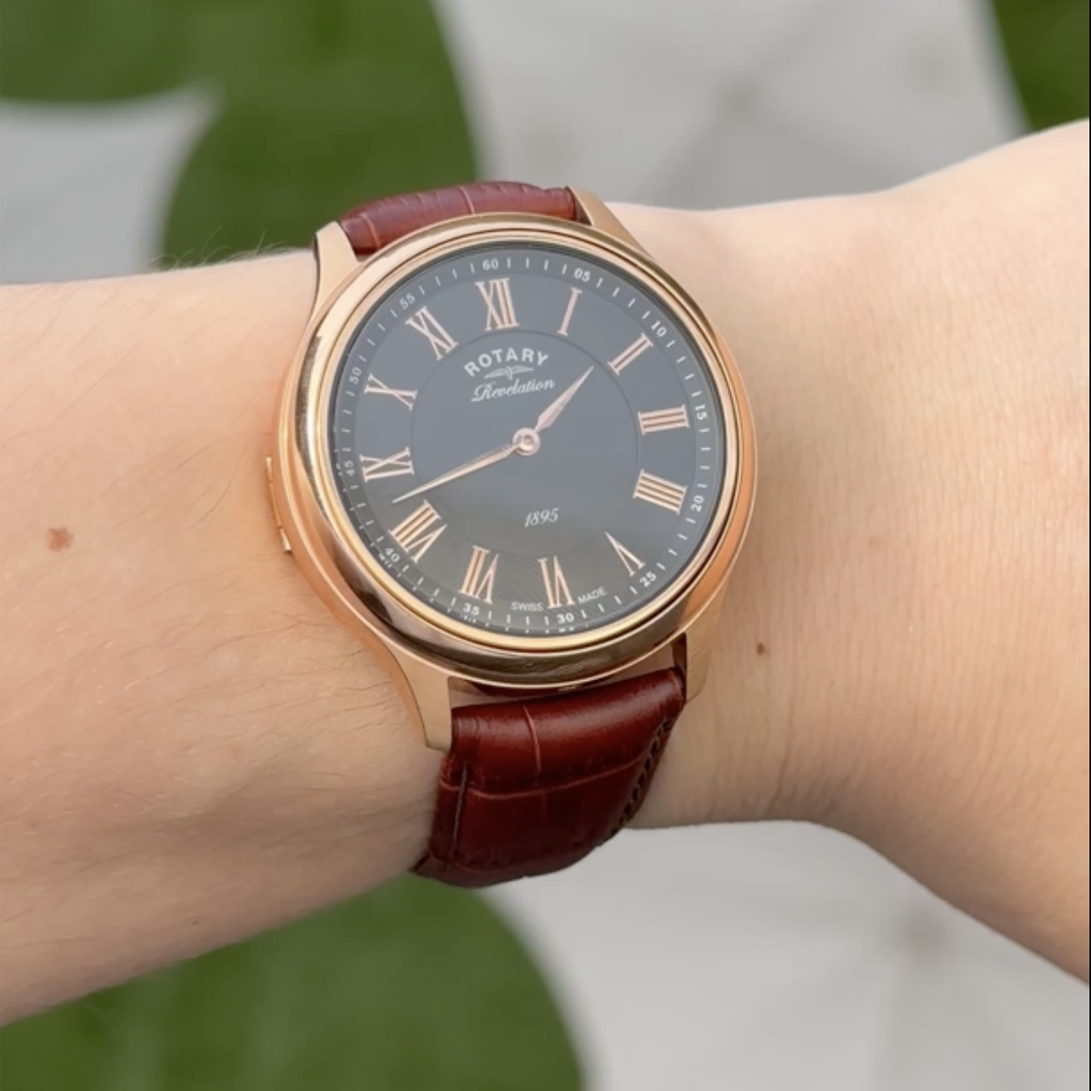 Model wears Rotary Revelation, Reversible White Dial with Brown Leather Strap - GS02967/06/10