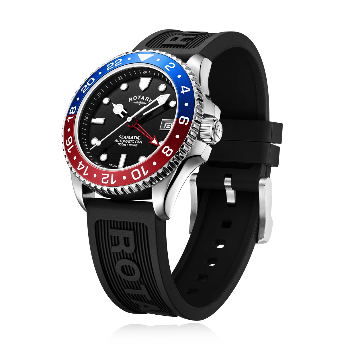 Rotary Seamatic 300 GMT Automatic, Black Dial with Black Silicone Strap - GS04378/95
