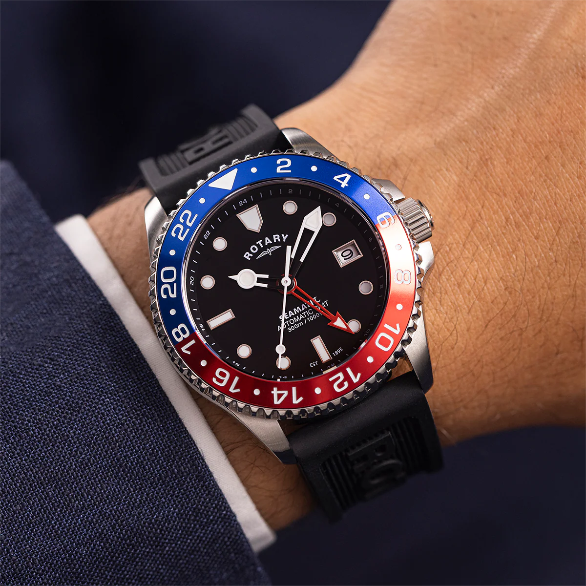 Model wears Rotary Seamatic 300 GMT Automatic, Black Dial with Black Silicone Strap - GS04378/95