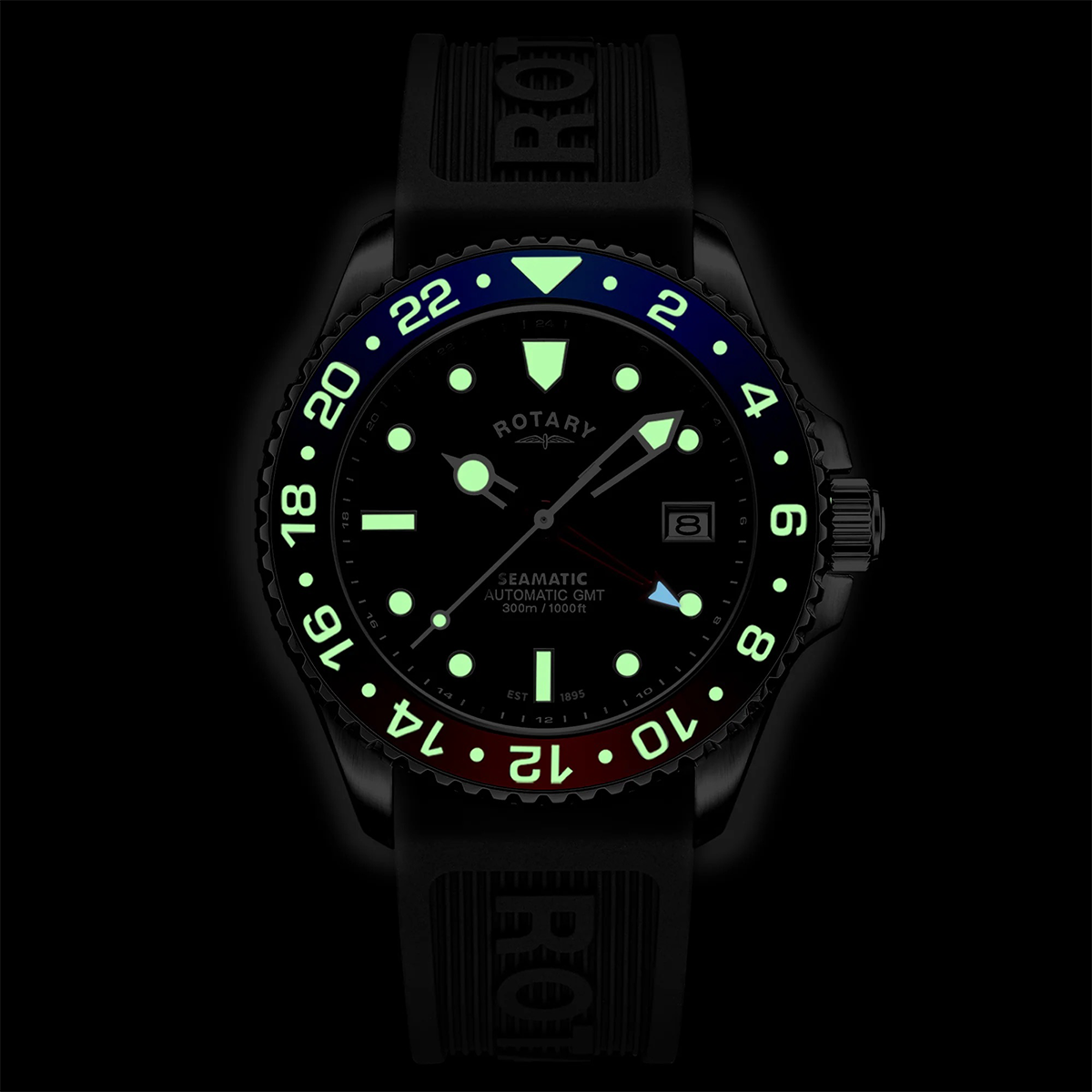 Rotary Seamatic 300 GMT Automatic, Black Dial with Black Silicone Strap Night Time - GS04378/95