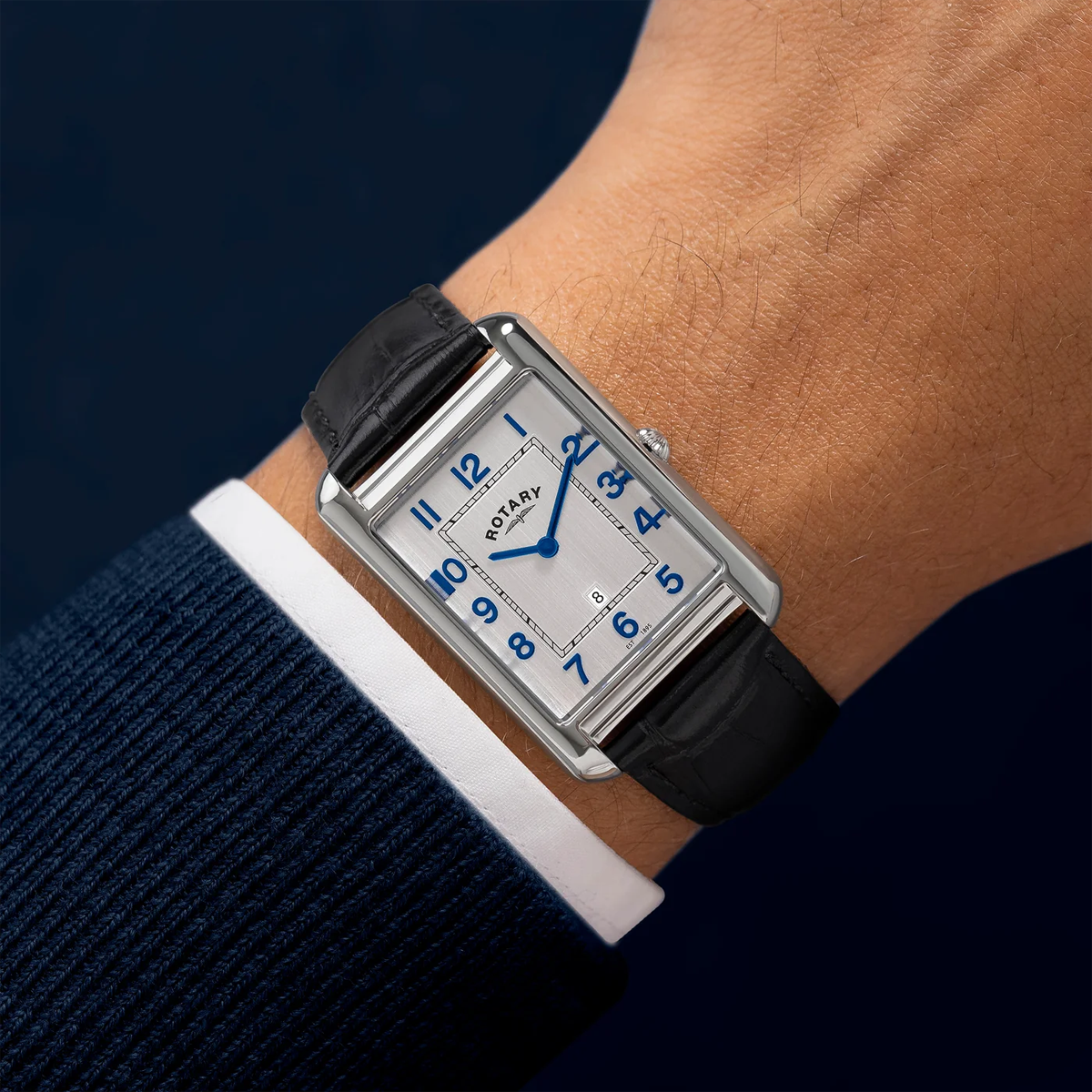 Model wears Rotary Heritage Astoria, Silver Dial with Black Leather Strap GS05280/70