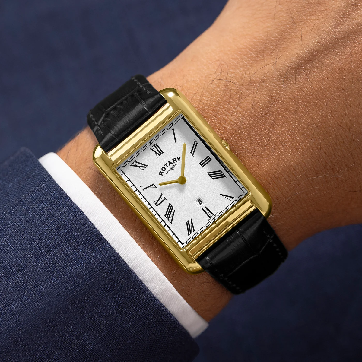 Model wears Rotary Cambridge Watch, White Dial with Black Leather Strap - GS05283/01