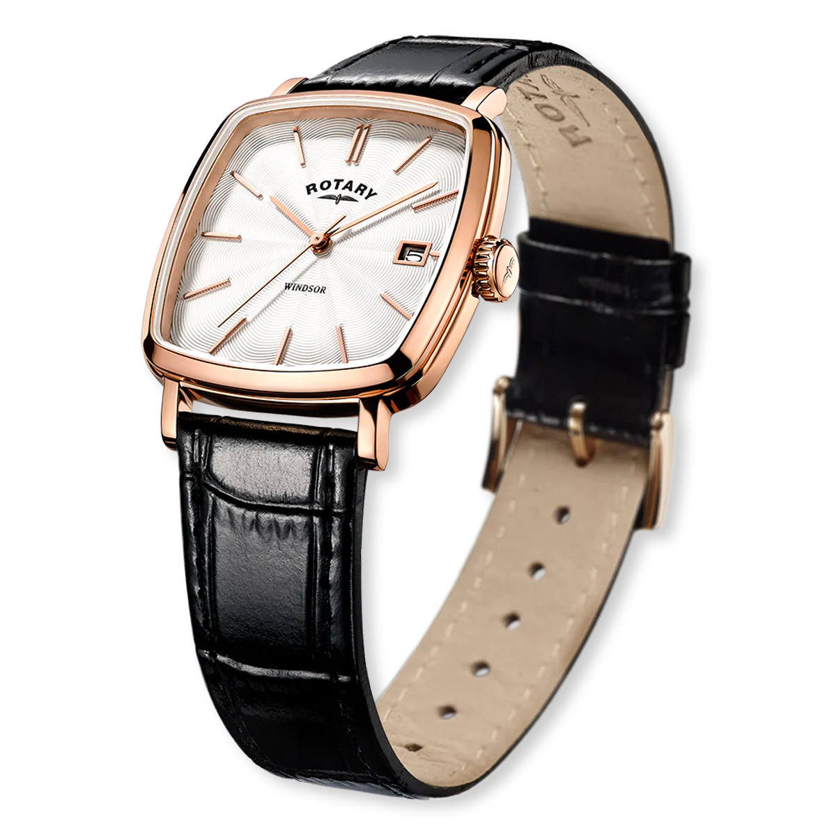 Rotary Windsor Watch, White Dial with Black Leather Strap & Rose Gold Plated Case - GS05309/01