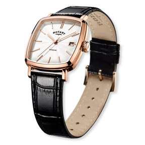 Rotary Windsor Watch, White Dial with Black Leather Strap & Rose Gold Plated Case - GS05309/01