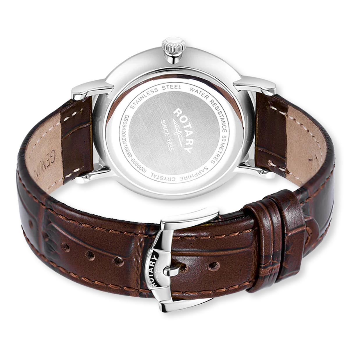 Rotary Heritage Stainless Steel Watch, Silver Dial with Brown Leather Strap - GS05420/02