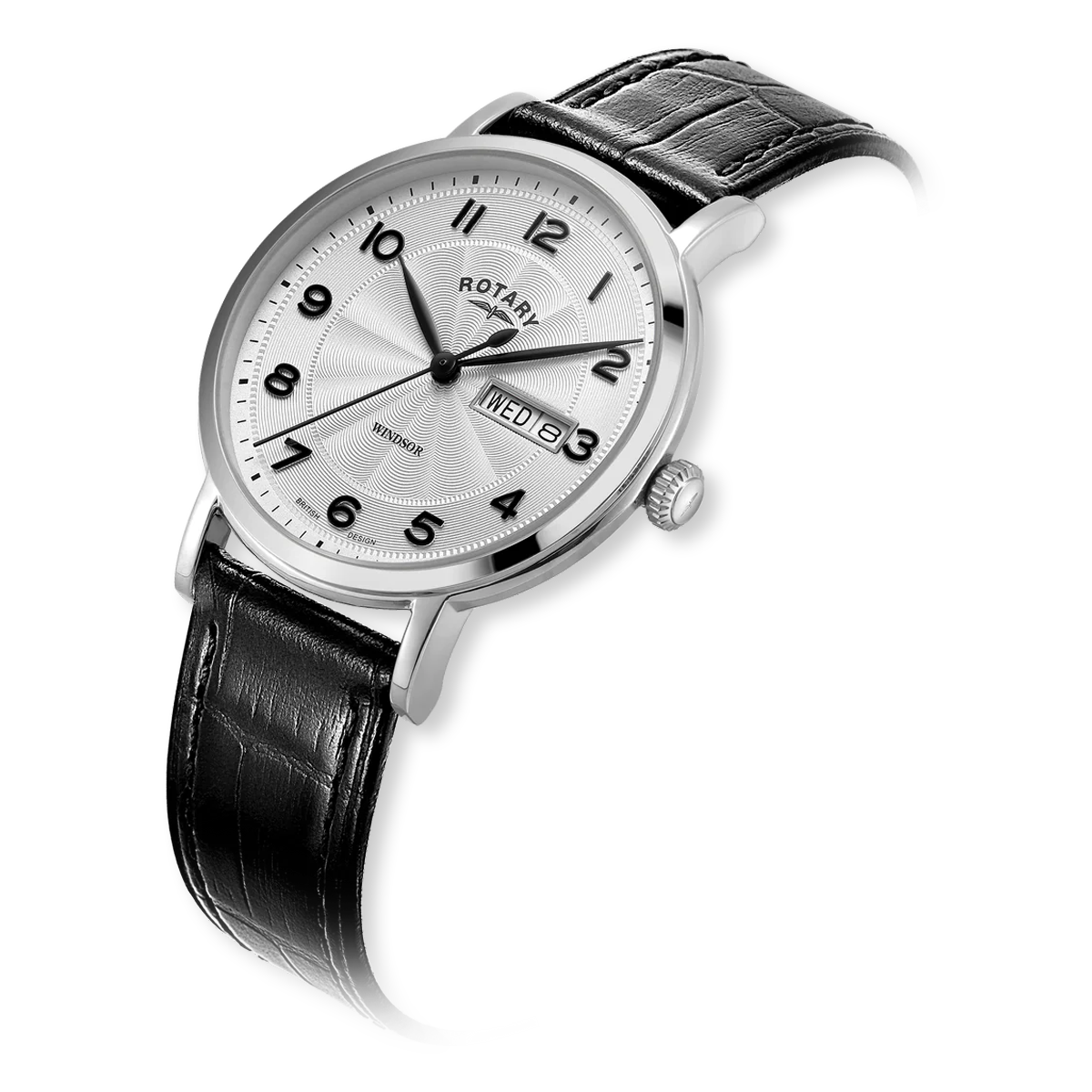 Rotary Windsor Watch, Silver Dial with Black Leather Strap - GS05420/22