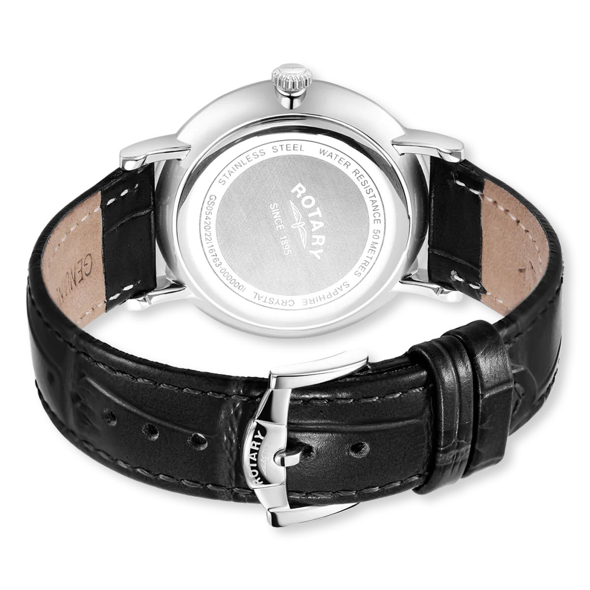 Rotary Windsor Watch, Silver Dial with Black Leather Strap - GS05420/22