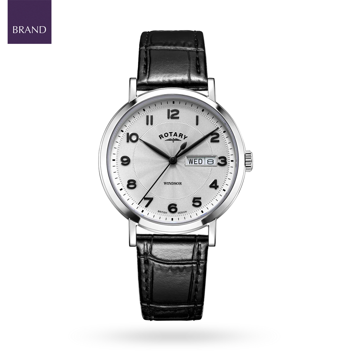 Rotary Windsor Watch, Silver Dial with Black Leather Strap - GS05420/22