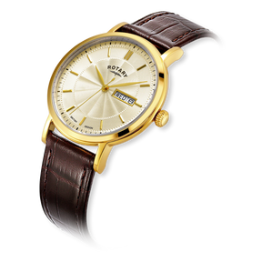 Rotary Heritage Gold Plated Watch, Champagne Dial with Brown Leather Strap - GS05423/03