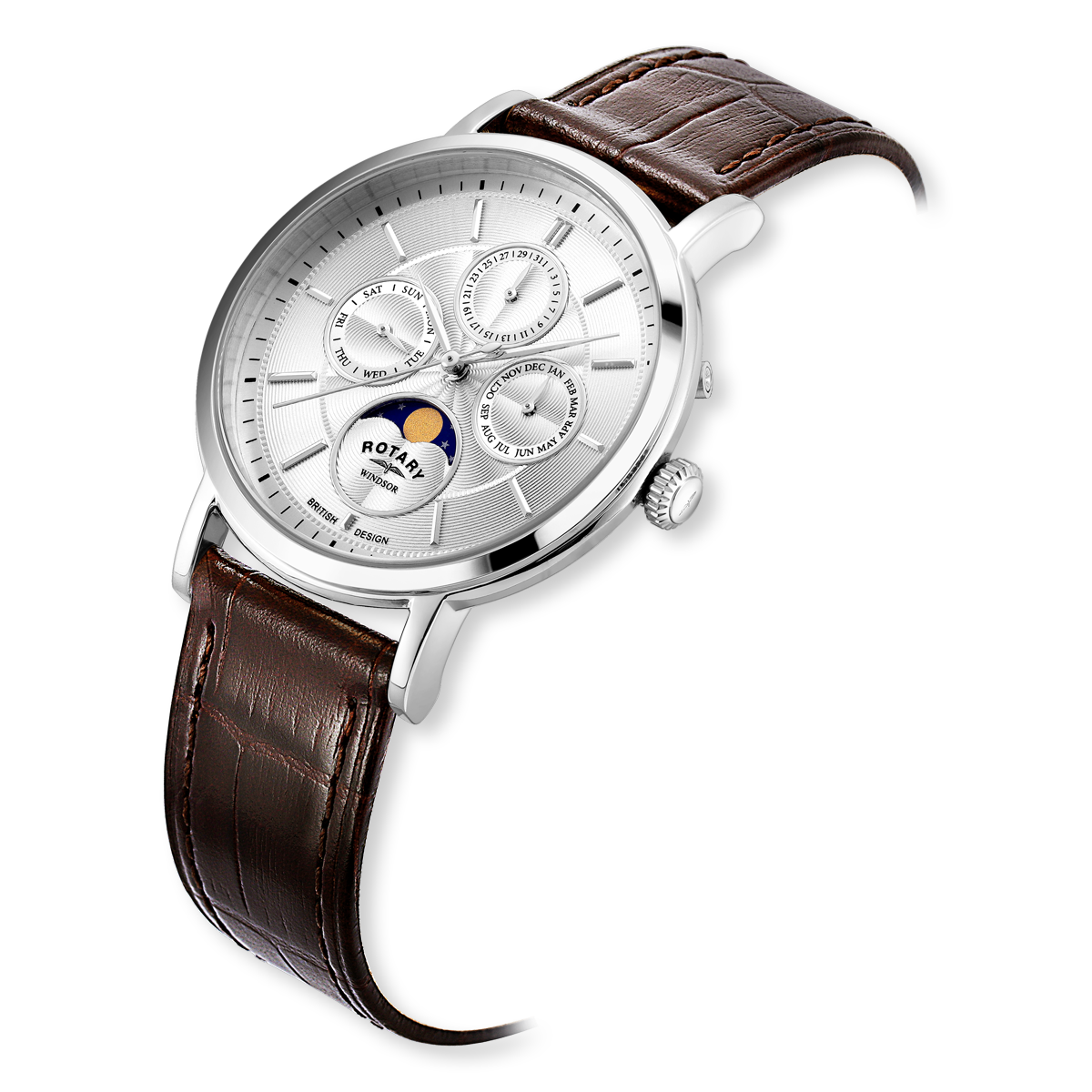 Rotary Windsor Moonphase, Silver Dial with Brown Leather Strap & Stainless Steel Case - GS05425/06