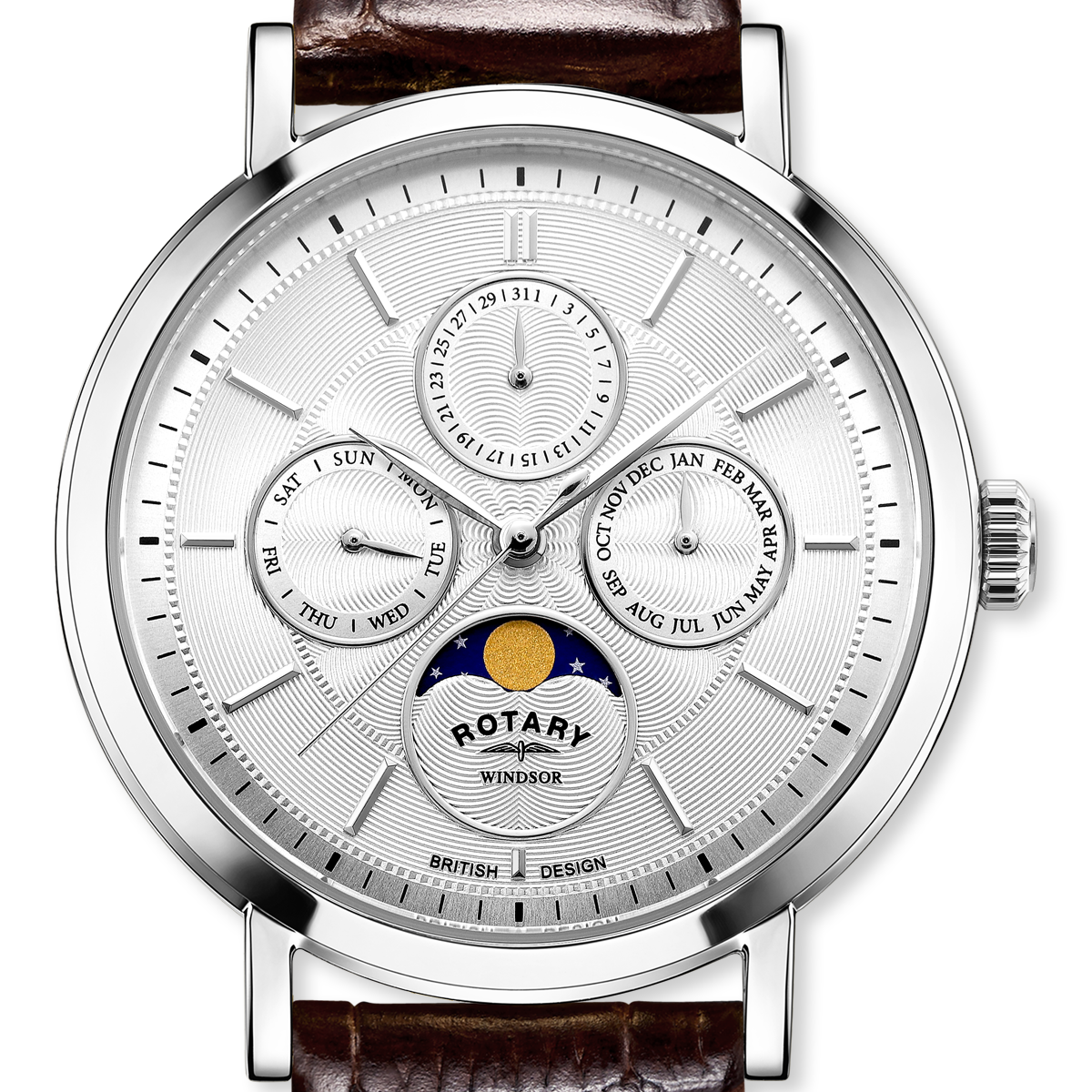 Rotary Windsor Moonphase, Silver Dial with Brown Leather Strap & Stainless Steel Case - GS05425/06