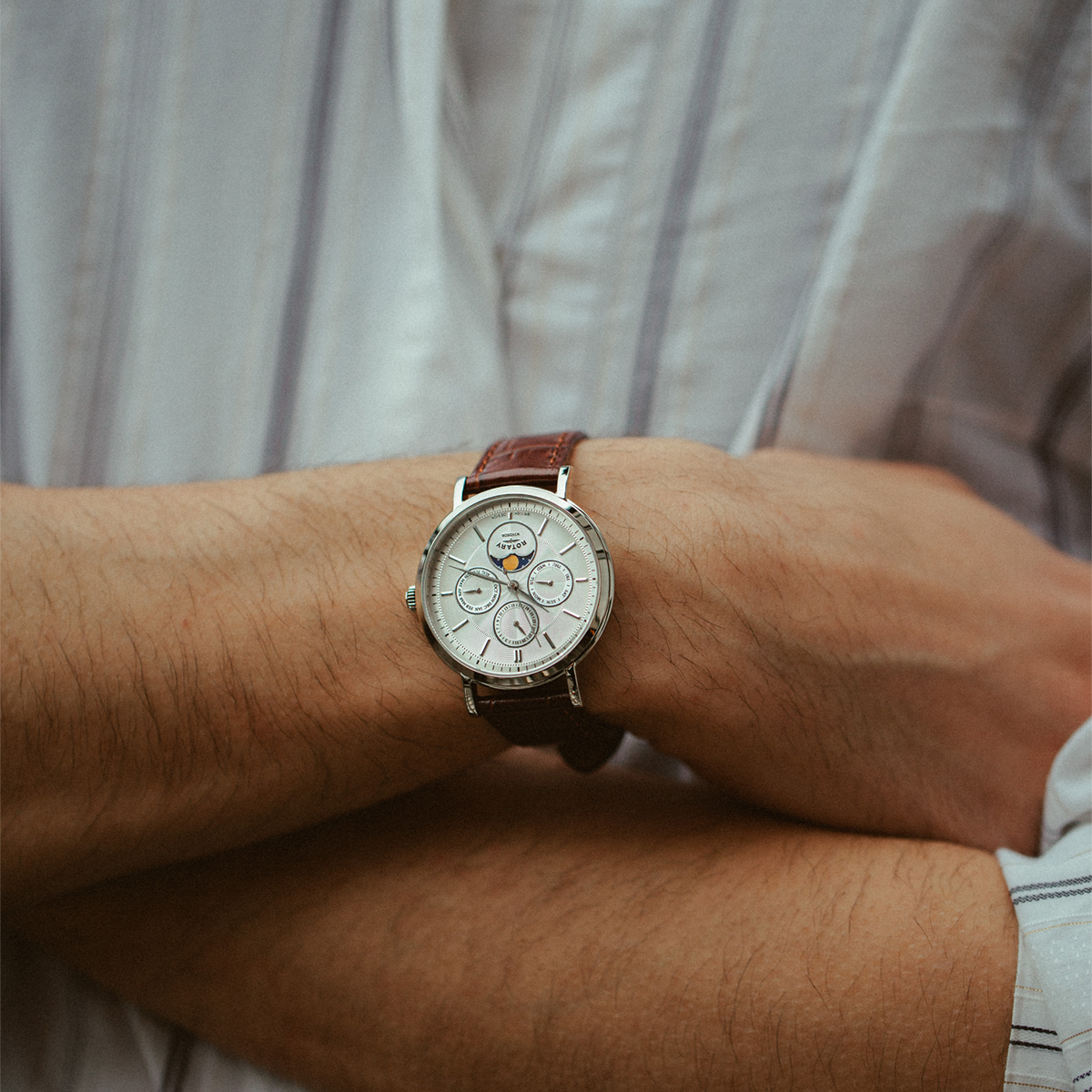 Rotary Windsor Moonphase, Silver Dial with Brown Leather Strap & Stainless Steel Case - GS05425/06