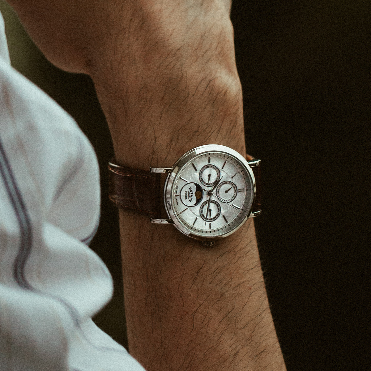 Rotary Windsor Moonphase, Silver Dial with Brown Leather Strap & Stainless Steel Case - GS05425/06