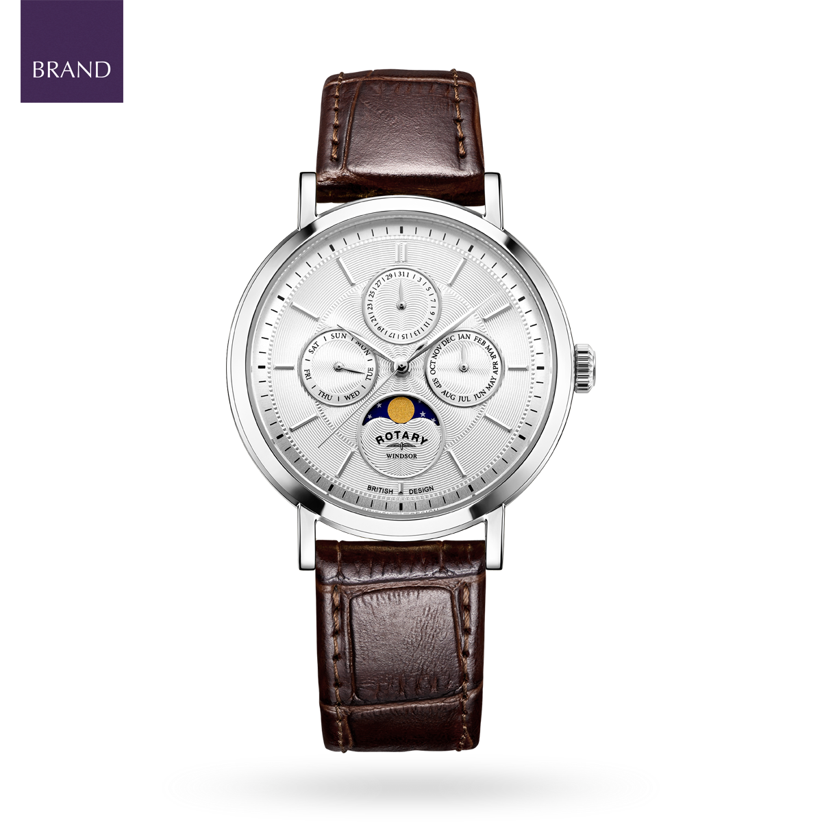 Rotary Windsor Moonphase, Silver Dial with Brown Leather Strap & Stainless Steel Case - GS05425/06