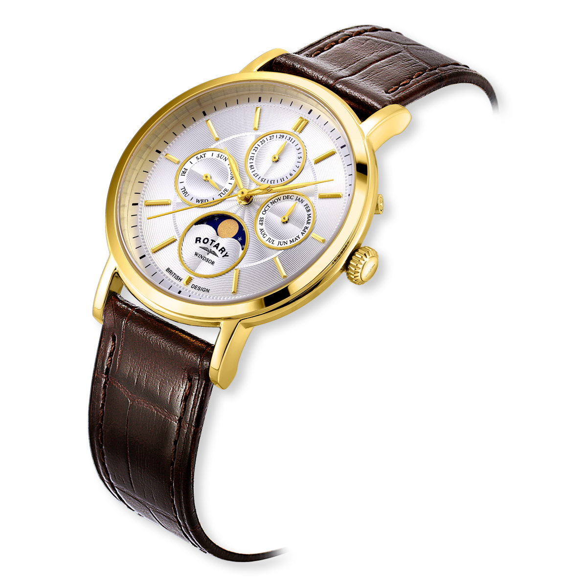 Rotary Windsor Moonphase, Silver Dial with Brown Leather Strap & Gold Plated Case - GS05428/06