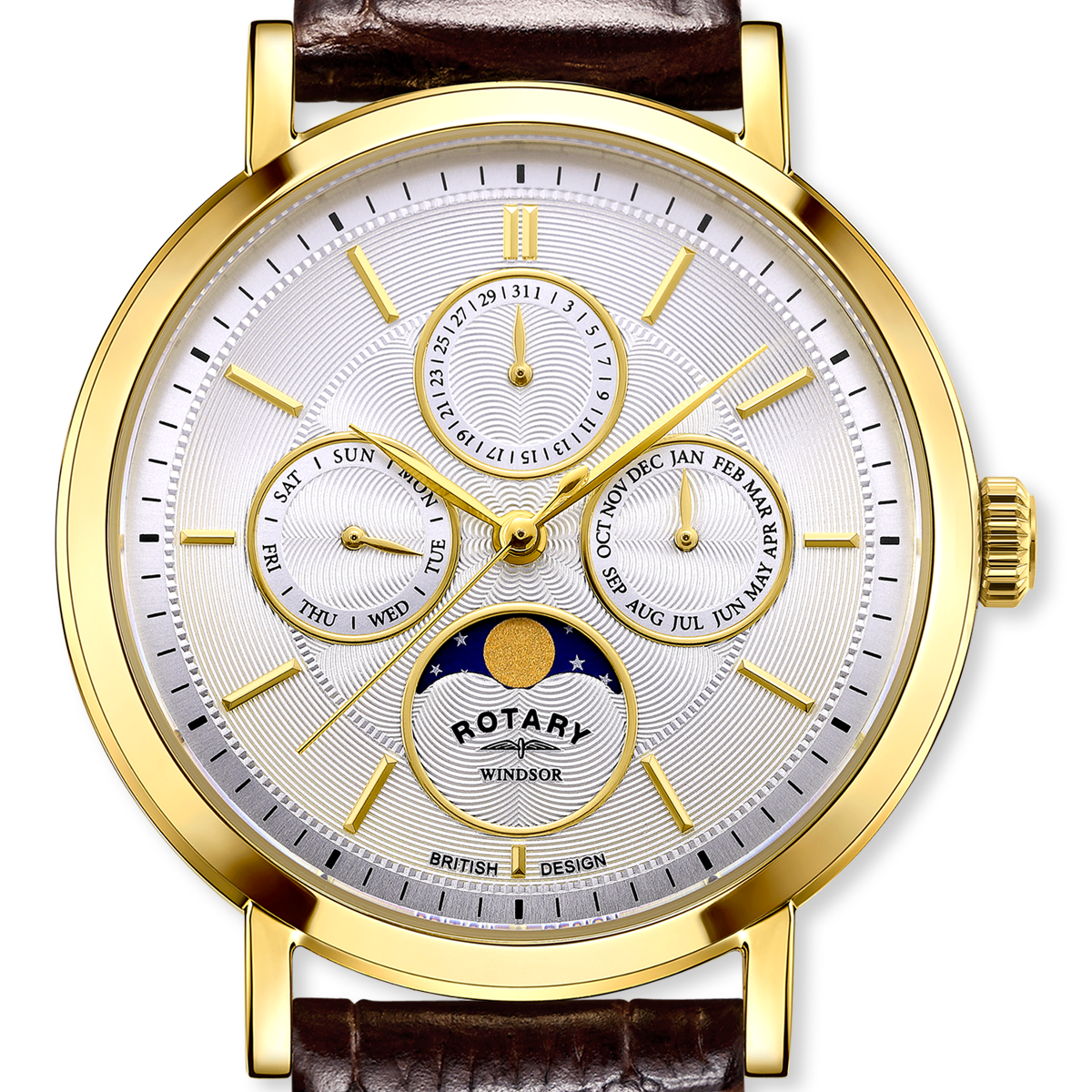 Rotary Windsor Moonphase, Silver Dial with Brown Leather Strap & Gold Plated Case - GS05428/06