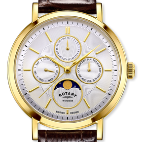 Rotary Windsor Moonphase, Silver Dial with Brown Leather Strap & Gold Plated Case - GS05428/06