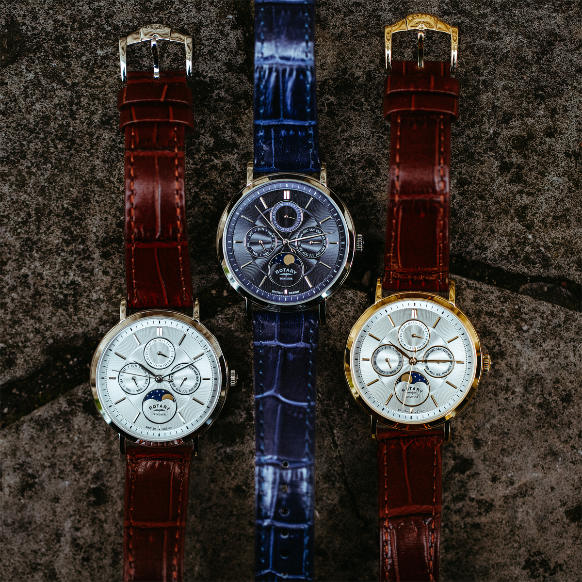 Rotary Windsor Moonphase, Silver Dial with Brown Leather Strap & Gold Plated Case - GS05428/06