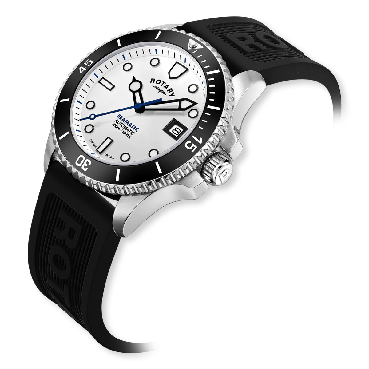 Rotary Seamatic Automatic Diver, White Dial with Black Silicone Strap - GS05430/06