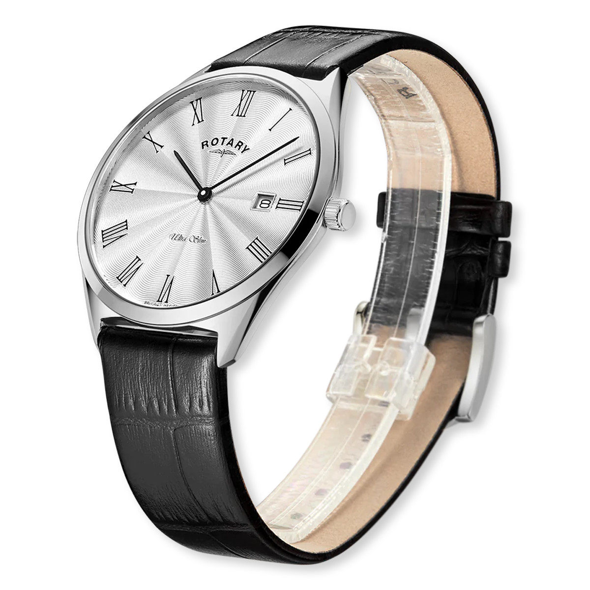 Rotary Ultra Slim Watch, White Dial with Black Leather Strap & Stainless Steel Case - GS08010/01 