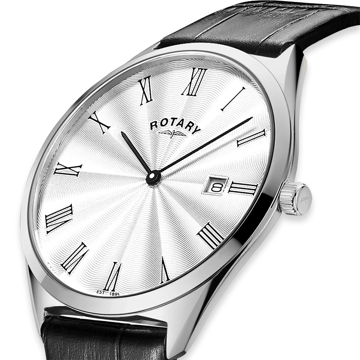 Rotary Ultra Slim Watch, White Dial with Black Leather Strap & Stainless Steel Case - GS08010/01 