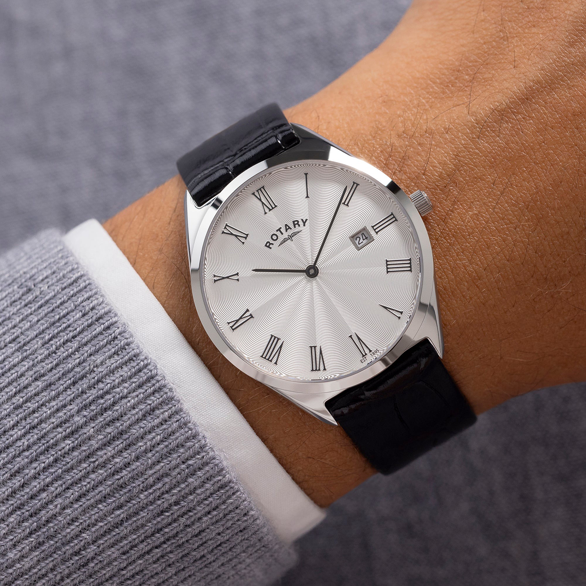 Model wears Rotary Ultra Slim Watch, White Dial with Black Leather Strap & Stainless Steel Case - GS08010/01 