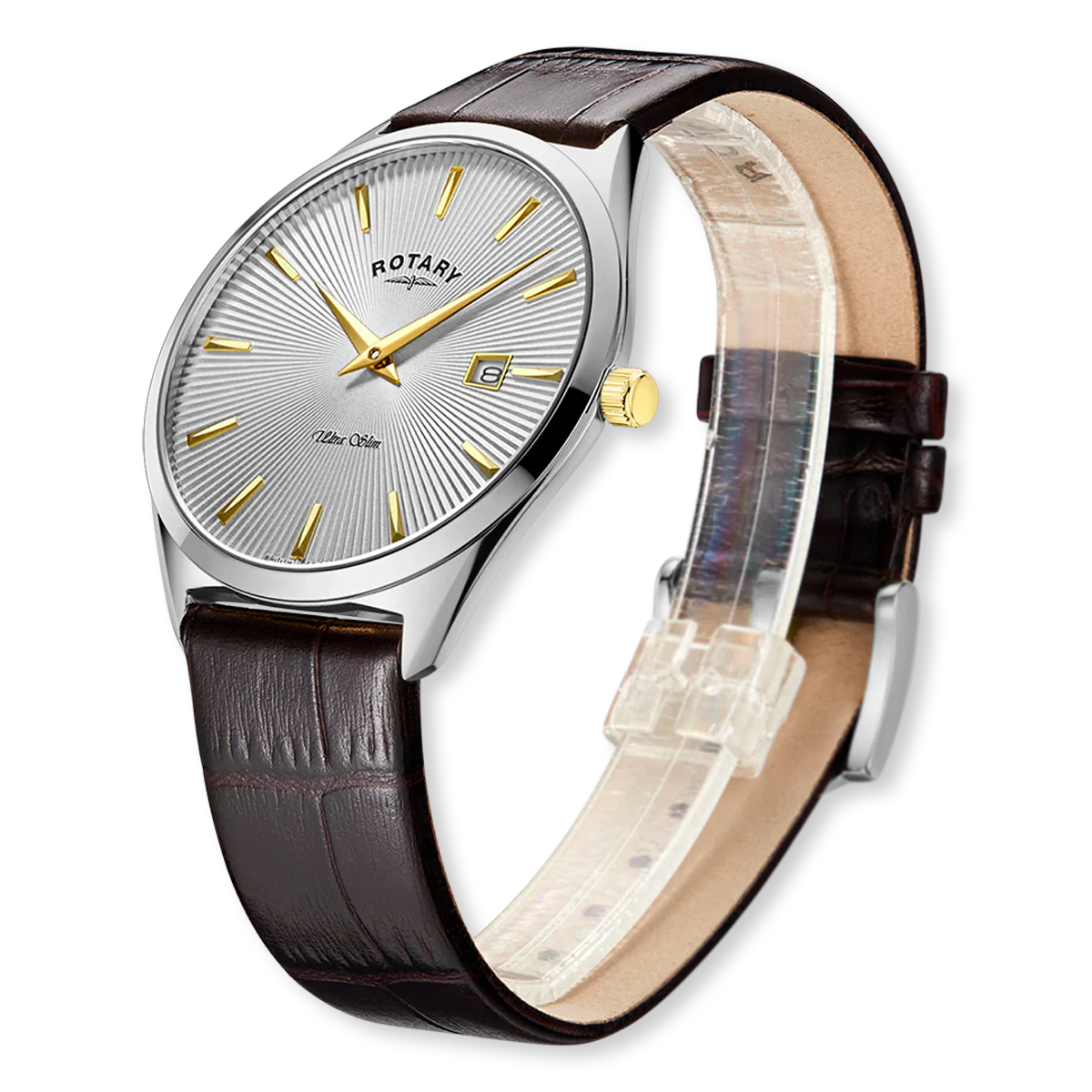 Rotary Ultra Slim Watch, Silver Dial with Brown Leather Strap - GS08010/02