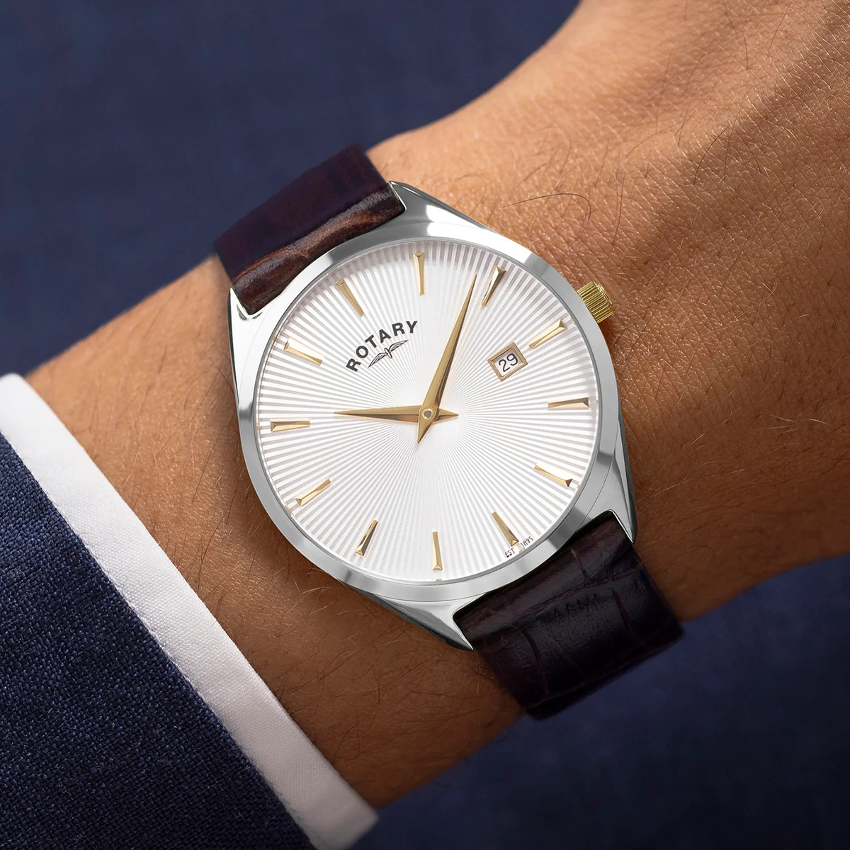 Model wears Rotary Ultra Slim Watch, Silver Dial with Brown Leather Strap - GS08010/02