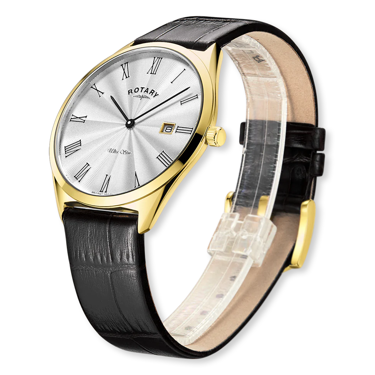 Rotary Ultra Slim Watch, White Dial with Black Leather Strap & Gold Plated Case - GS08013/01