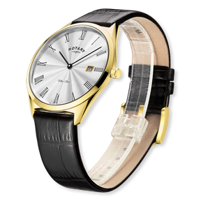 Rotary Ultra Slim Watch, White Dial with Black Leather Strap & Gold Plated Case - GS08013/01