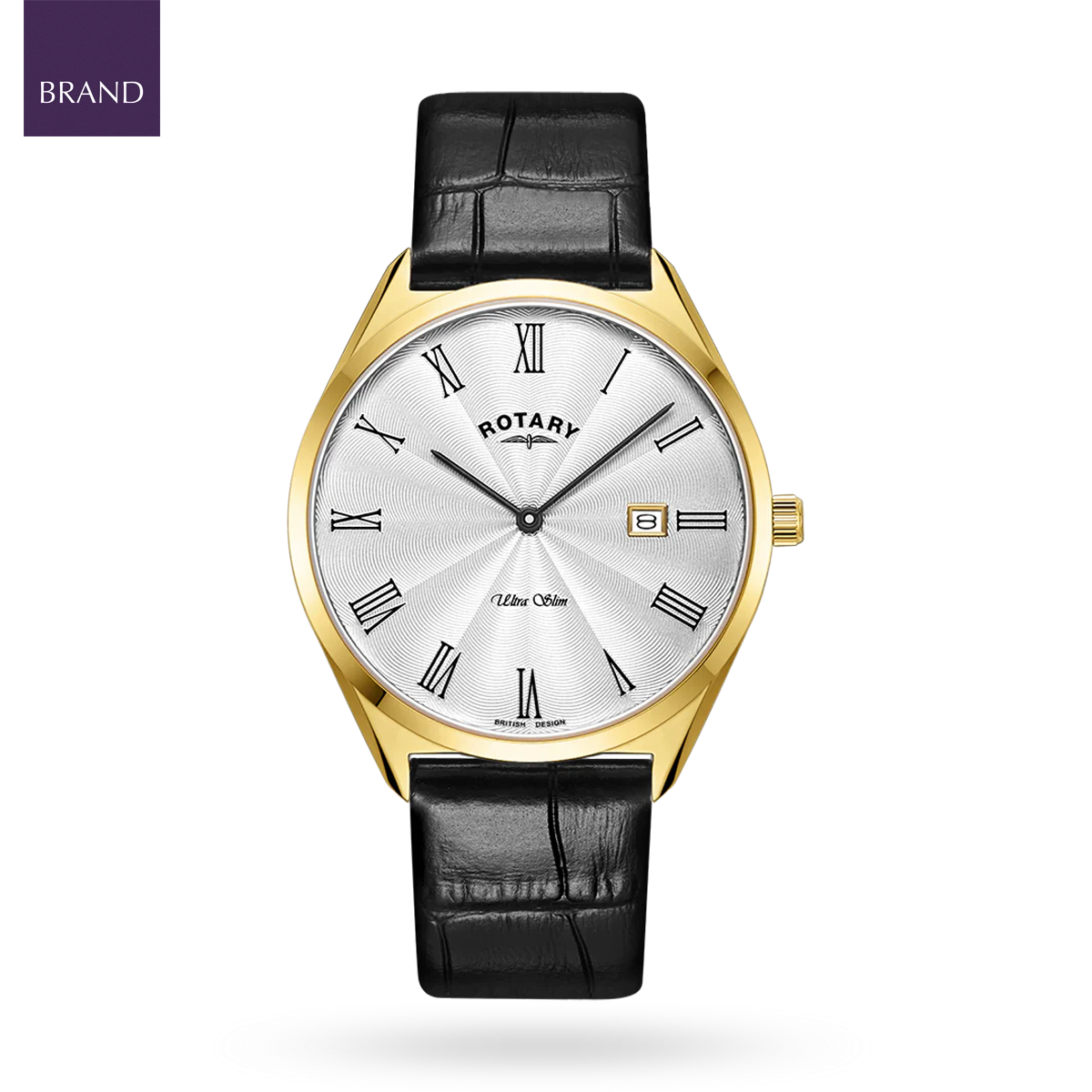 Rotary Ultra Slim Watch, White Dial with Black Leather Strap & Gold Plated Case - GS08013/01