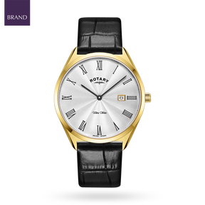 Rotary Ultra Slim Watch, White Dial with Black Leather Strap & Gold Plated Case - GS08013/01