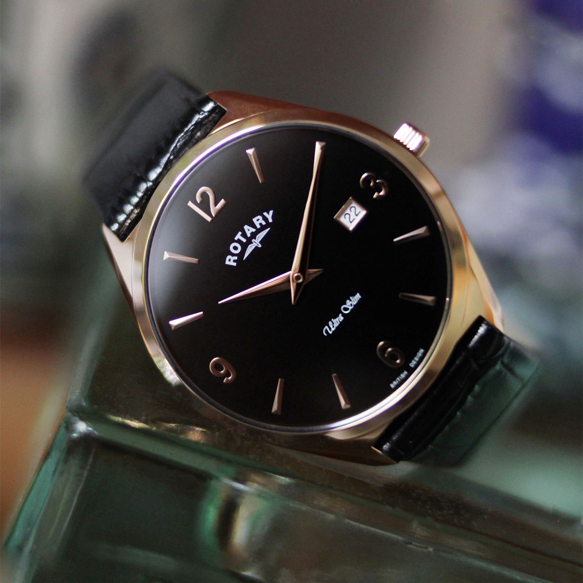 Ultra Slim Watch, Black Dial with Black Leather Strap