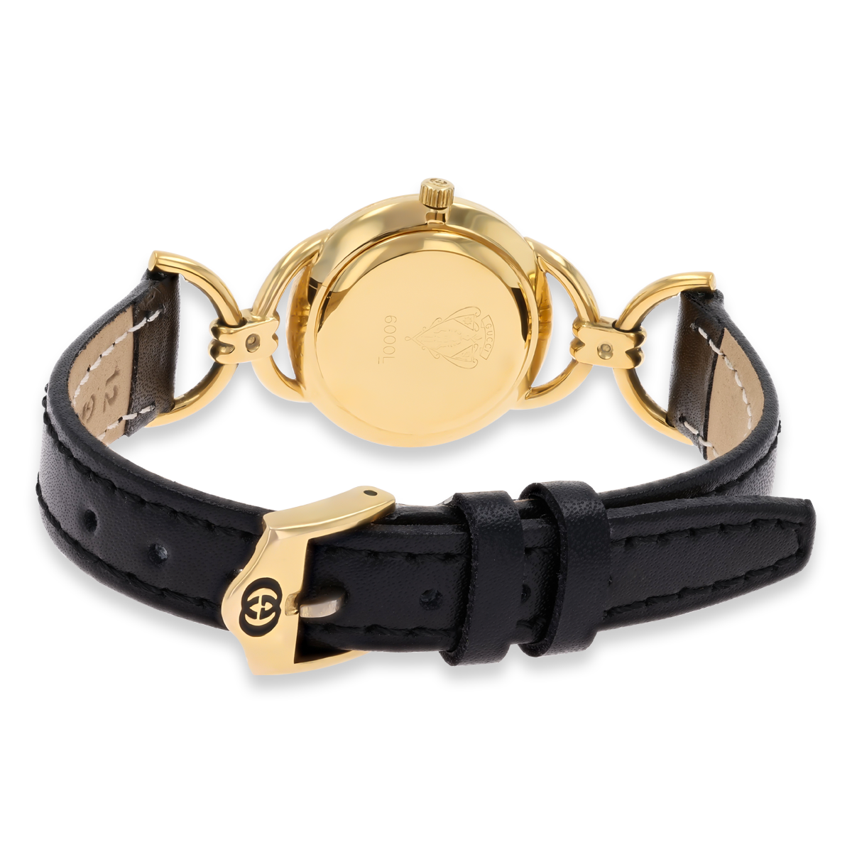 Gucci 6000L Quartz Gold Plated & Black Leather Strap Watch