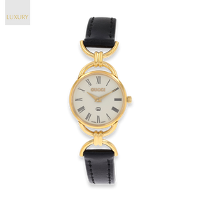 Gucci 6000L Quartz Gold Plated & Black Leather Strap Watch