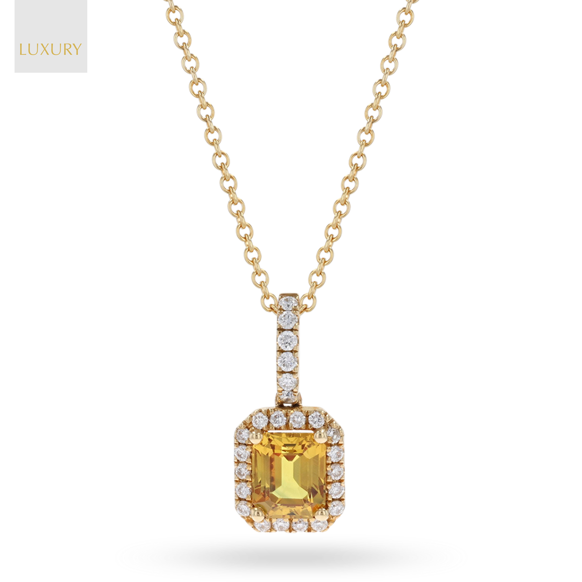 18ct Yellow Gold Emerald Cut Yellow Sapphire & Diamond Halo Pendant & Chain
