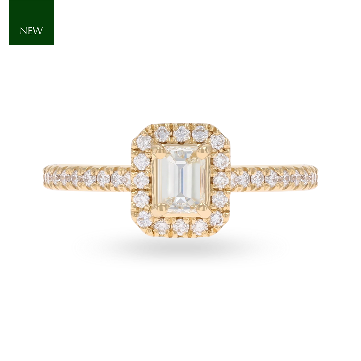 18ct Yellow Gold Emerald Shaped Diamond Halo & Shoulder 0.69ctw Ring