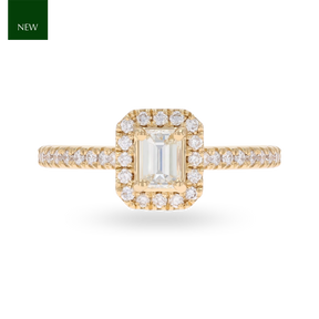 18ct Yellow Gold Emerald Shaped Diamond Halo & Shoulder 0.69ctw Ring