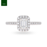 Platinum Emerald Shaped Diamond Halo & Shoulder 0.80ctw Ring