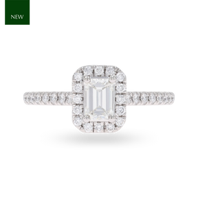 Platinum Emerald Shaped Diamond Halo & Shoulder 0.80ctw Ring